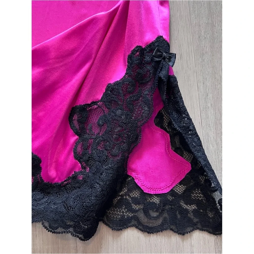 Victoria's Secret Hot Pink stretch Satin Slip Black Lace built in bra 36C vntg - Picture 15 of 15